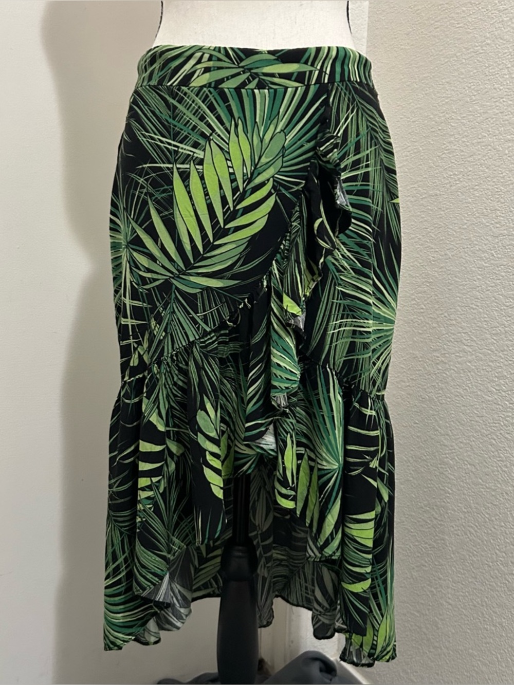 Milk & Honey Tropical Palm Print Ruffle Faux Wrap High-Low Maxi Skirt Size L - Picture 1 of 7